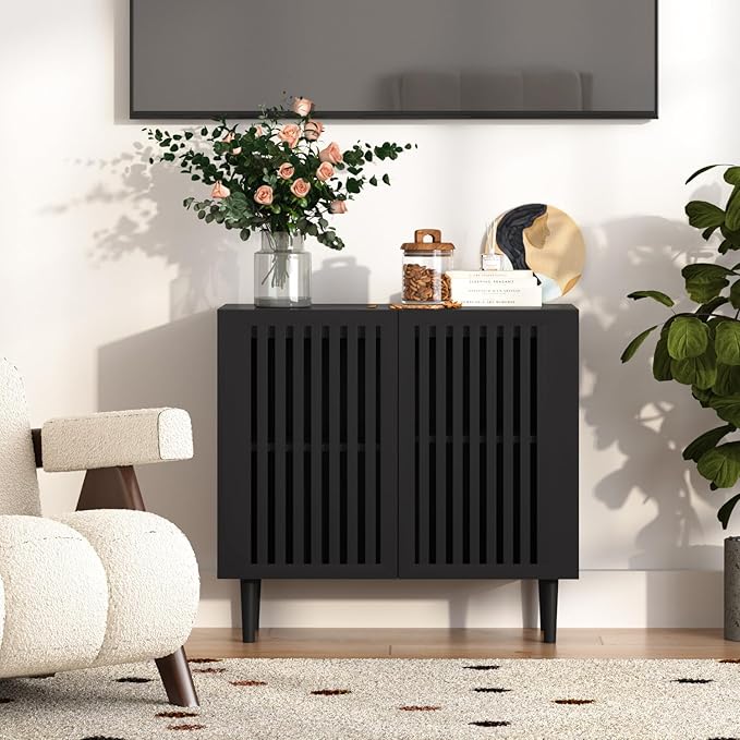 CHUWELL Farmhouse Storage Cabinet, 31.5" Buffet Cabinet with 2 Doors and Adjustable Shelf, Sideboard Coffee Bar with Solid Wood Feet for Kitchen,Dining Room,Living Room,Black