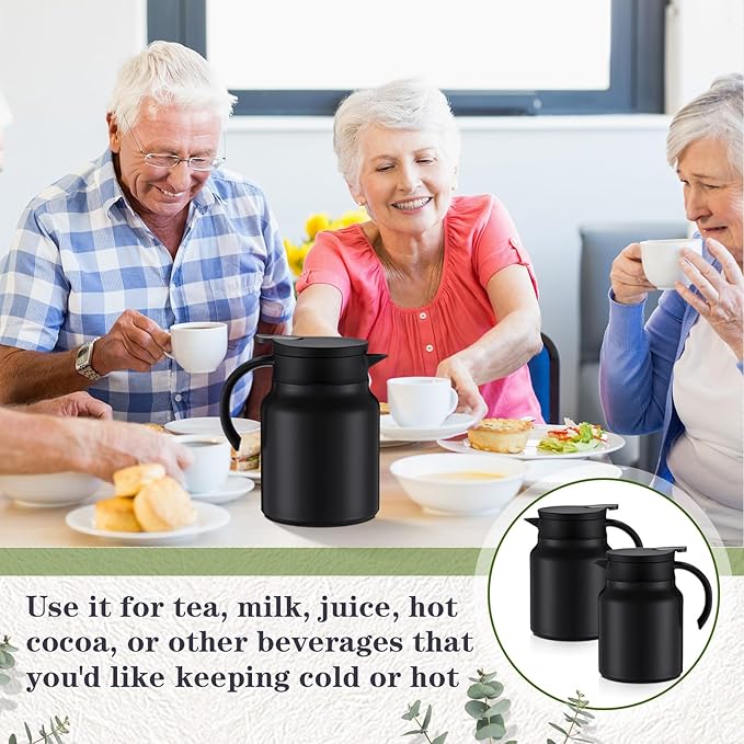 2 Pcs Thermal Coffee Carafe for Keeping Hot/Cold Stainless Steel Small Coffee Creamer Container Double Wall Vacuum Insulated Tea pot Beverage Dispenser for Milk Hot Chocolates(Black,34 oz)