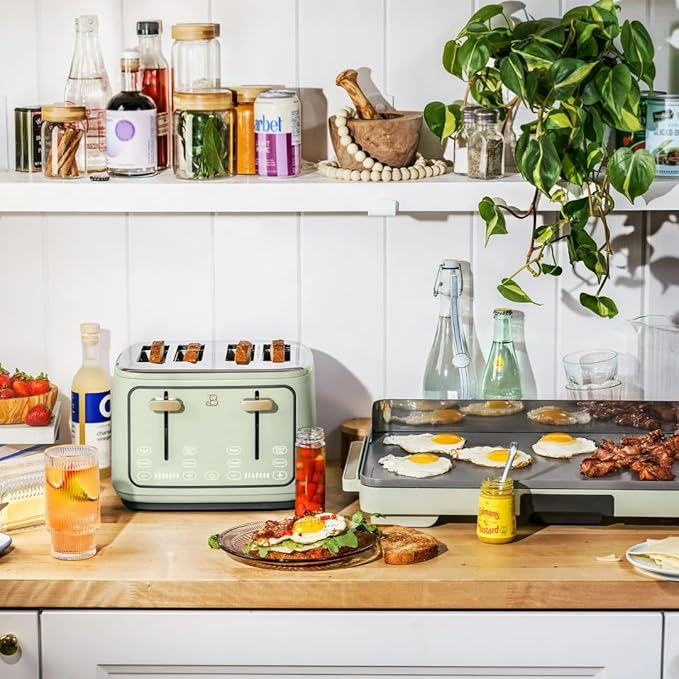 Beautiful 4-Slice Toaster by Drew Barrymore – Touch Display, Extra-Wide Slots, Bagel & Frozen Functions, Stainless Steel (Sage Green)