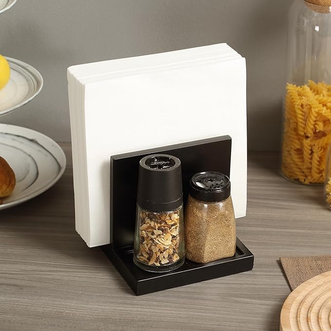 Wooden Napkin Holder napkin salt pepper holder with Salt and Pepper Shakers Caddy,Suitable for Kitchen, Restaurant, Bar, Office, Parties, Home Décor Black