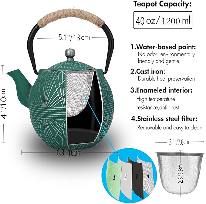 Enameled Cast Iron Teapot 34oz（1000ml） - Japanese Style Kettle with Removable Stainless Infuser & Ergonomic Handle, Stovetop Safe for Loose Leaf Tea Green and silver (Green and silver)