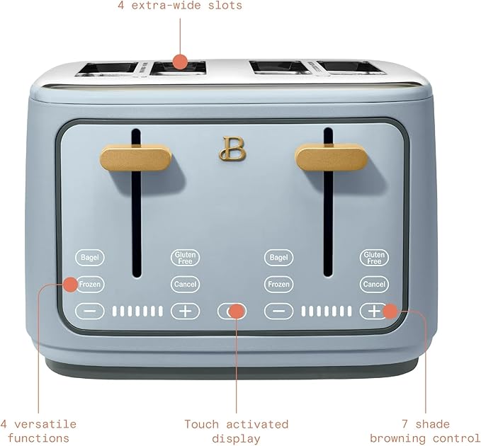 Beautiful 4 Slices Toaster with Touch-Activated Digital Display, Extra Wide Self-Adjusting Slots, Adjustable Shade Control, by Drew Barrymore (Blue)