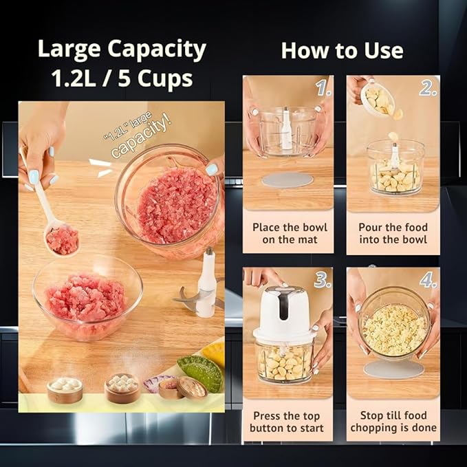 Electric Food Processor, 1.2L Cordless Meat Grinder, USB-C Rechargeable with 4500mAh Battery (Rose Gold)