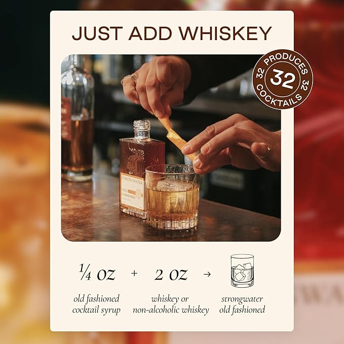 Strongwater Old Fashioned Mix - Makes 32 Cocktails - Handcrafted Old Fashioned Syrup with Bitters, Orange, Cherry, Organic Demerara Sugar - Craft Cocktail Mixer, Just Mix with Bourbon,Whiskey - 1 Pack