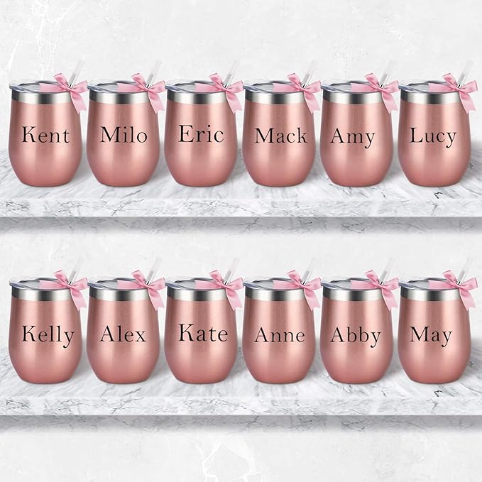 8 Pack 12Oz Stainless Steel Wine Tumblers, Insulated Wine Tumbler, Double Wall Insulated Wine Glass, Stainless Steel Stemless Wine Cups with Lids for Coffee, Wine, Cocktails, Champaign, Rose Gold
