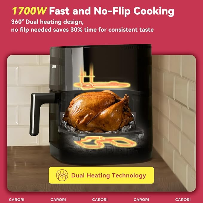 6QT Dual Heat Air Fryer with Viewing Window, 14 Presets for Fry, Roast, Bake & More, 392℉ Max Crisp Without Flipping, 1700W Fast Cooking, Dishwasher Safe Basket