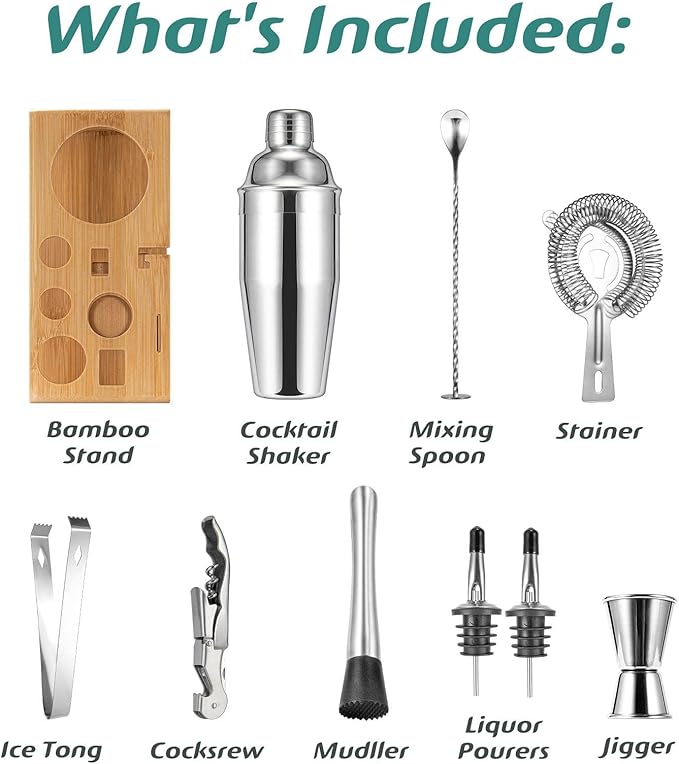 Cocktail Shaker Set, Mixology Bartender Kit 10-Piece Bar Tools Set with Stylish Bamboo Stand, Bar kit: Martini Shaker Muddler Jigger with All Essential Accessory Tools Gifts for Men Dad
