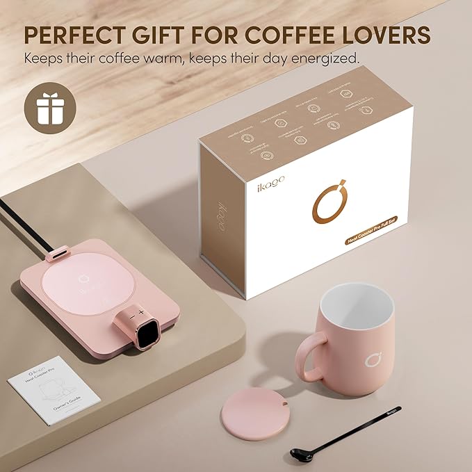 Coffee Mug Warmer Set, ±1°F Precision Temperature Control Smart Heated Mug for Desk, Electric Coffee Warmer with Auto Shut Off & Real-Time Temp Display, Gifts for Men Women, 15oz Ceramic Mug, Pink