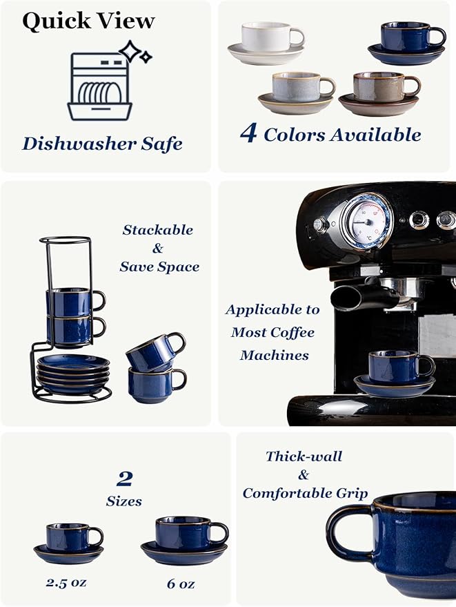 Gomakren 2.5 Ounce Espresso Cups Set of 4, Small Stackable Coffee Cups with Saucers and Metal Stand, Christmas Porcelain Demitasse Cups for Specialty Coffee Drinks, Espresso, Cappuccino, Cobalt Blue