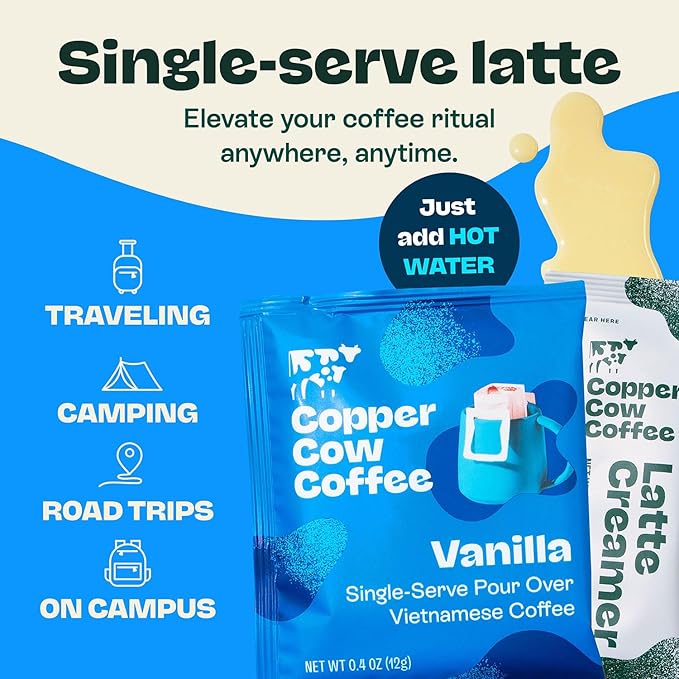 Copper Cow Coffee Pour Over Vietnamese Coffee Pouches + Sweetened Condensed Milk Creamers (8 Coffees & 8 Milk Creamers) | Vanilla Lattes, No Refrigeration Needed, Travel Friendly Ground Coffee