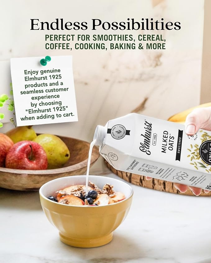 Elmhurst 1925 Sweetened Oat Milk - 32 Ounce (Pack of 6) Dairy-Free, Vegan, Kosher, Gluten-Free, Shelf Stable Plant Based Milk Made with Whole Grain Oats for Healthier Coffee, Latte & Smoothies
