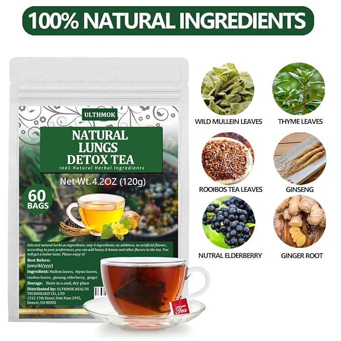 Premium 60 Natural Herbal Blend Tea Bags, Made with 6 Natural Herbs, Mullein Leaves, Elderberry, Thyme, Rooibos, Ginseng Root, Ginger Root, for Respiratory Support & Lung Health & Cleanse Mucus & Wellness & Detox.