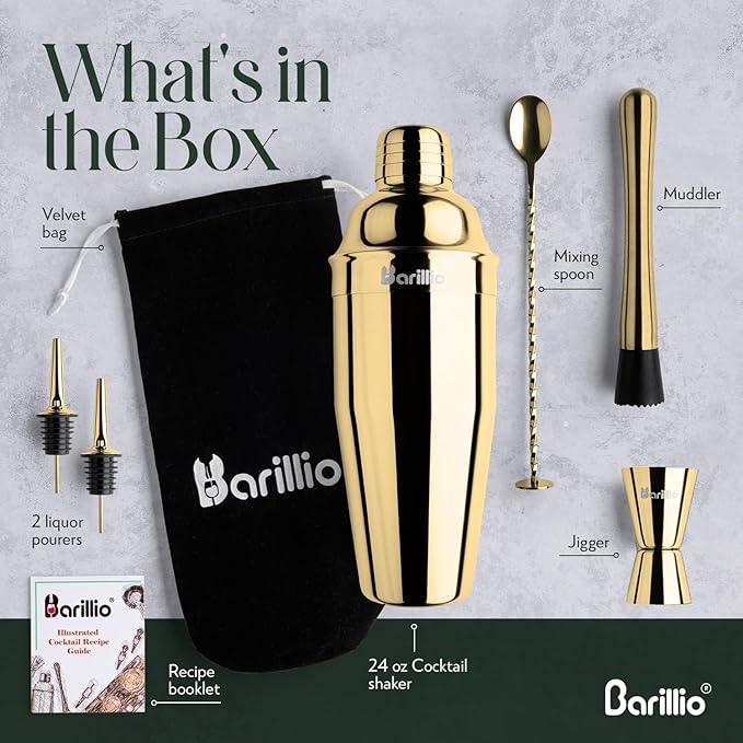 Barillio Gold Mixology Bartender Kit - 8 pcs Stainless Steel Travel Cocktail Shaker Set with Bag - Bar Tools Set with Martini Shaker, Drink Mixer Spoon & Mojito Muddler for Cocktails, Pourers & Jigger