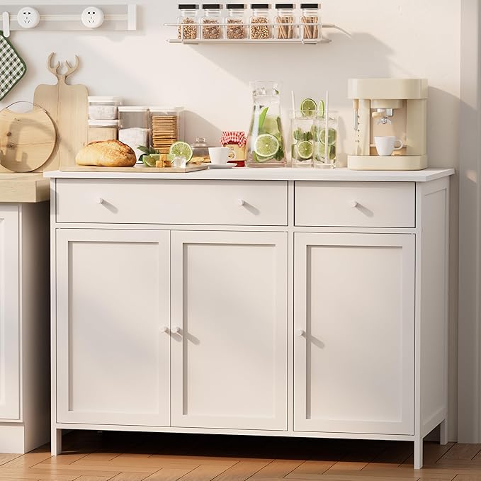 Crownland 44" Sideboard Buffet Cabinet with 2 Drawers, 3-Door Kitchen Storage Cabinet with Adjustable Shelves, Modern Farmhouse Sideboard, Coffee Bar for Dining Living Room(White)