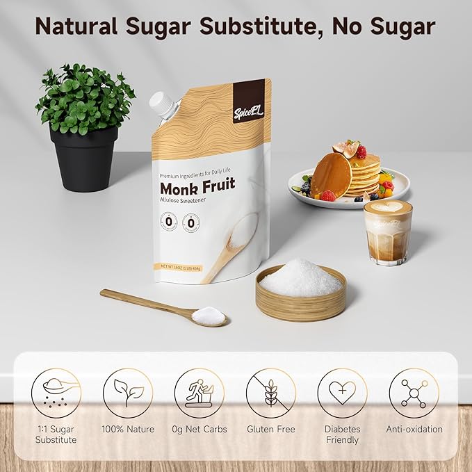 SPICEEL Monk Fruit Sweetener with Allulose - White Sugar Substitute, Coffee, Tea, without Erythritol, Gluten Free, Vegan, Keto Friendly, Sugar Replacement (1 lb Pack of 3)