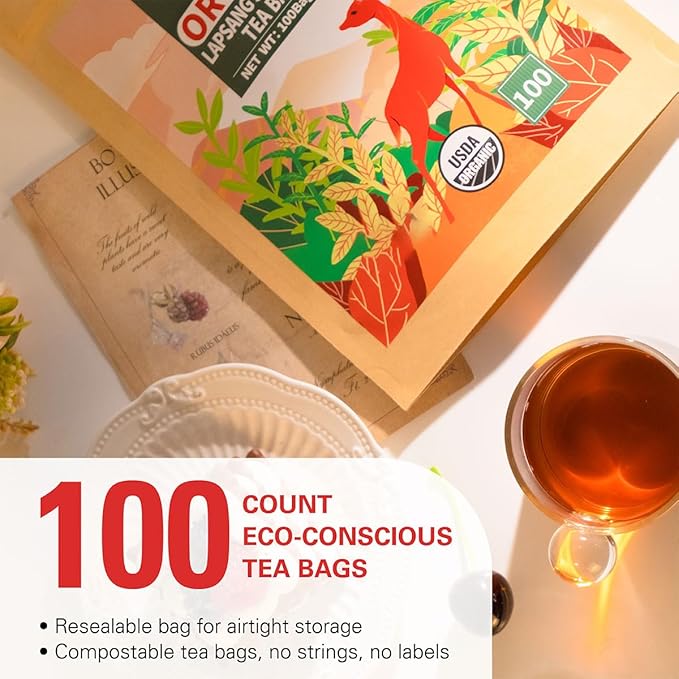 WT WEETEE Organic Lapsang Souchong Tea Bags, Organic Smoky Black Tea 100 Count, Natural Caffeine & Antioxidant, Classic Chinese Tea