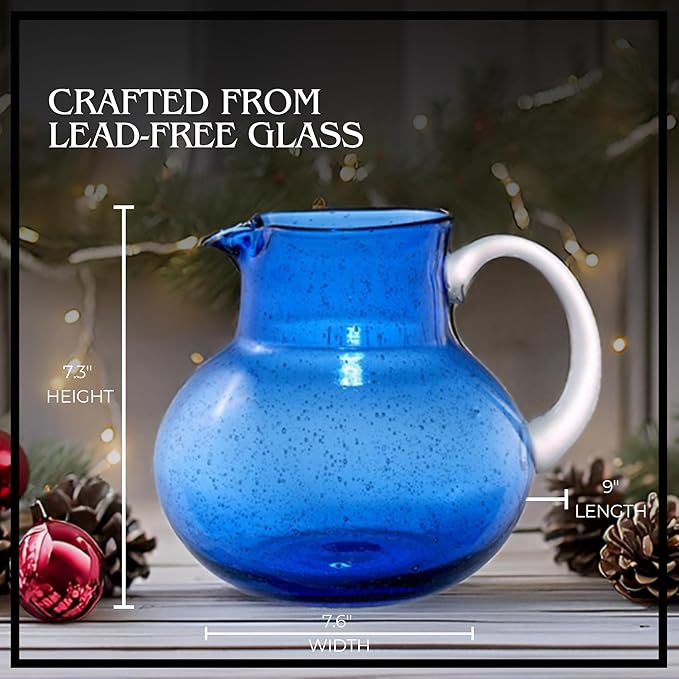 Artland Iris 90 Oz Handblown Glass Pitcher - Bubble Shape, Lead-Free - Versatile Drink Dispenser for Water, Juice, Cocktails - Enhanced Kitchen Decor, Dishwasher Safe (Cobalt Blue)