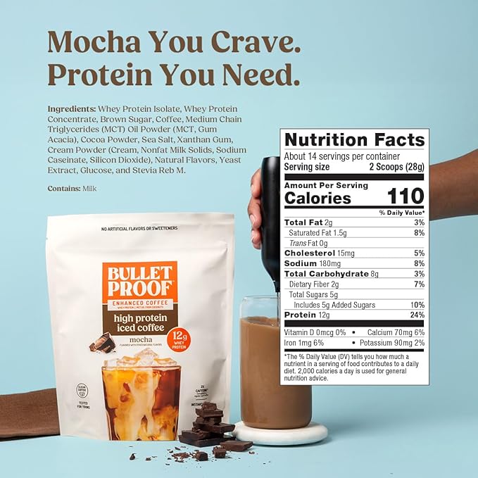 Bulletproof Mocha High Protein Iced Coffee, 14 Servings, 12g Whey Protein Instant Coffee, No Artificial Flavors & Sweeteners, 170mg Caffeine Per Serving, Creamy Latte