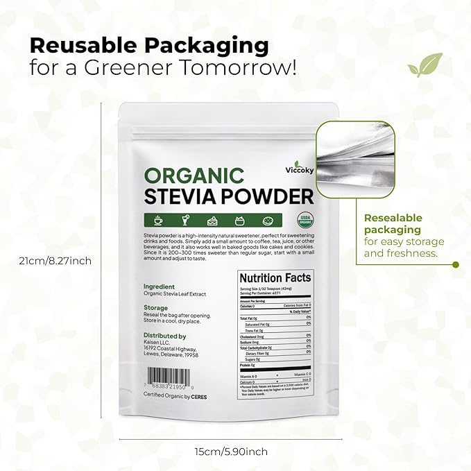 Viccoky Organic Stevia Powder 6oz (171g), Pure Stevia Extract Powder, Sugar-Free & 0 Calories, No Additives, Sugar Substitute, Natural Sweetener