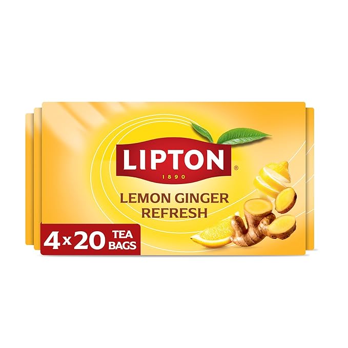 Lipton Lemon Ginger Tea Bags, Caffeine Free Tea, Refresh Fruit and Herbal Tea, Individually Wrapped, 80 Total tea Bags (20ct - Pack of 4)