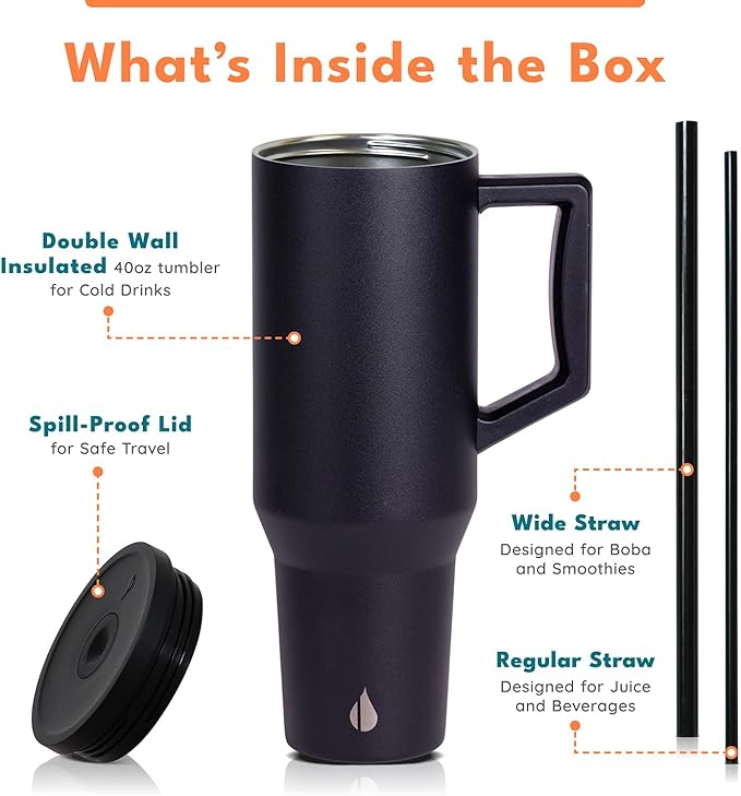 Elemental 40 oz Tumbler with Handle and Straw - Spill Proof Insulated Stainless Steel Commuter for Hot and Cold Beverages - Travel Coffee Mug with 2 Straws & Spill Proof Lid - 40oz - Black