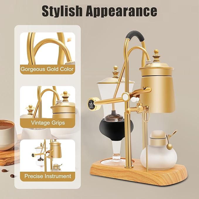 Belgian Balance Siphon Coffee Maker, Vintage Syphon Coffee Machines Vacuum Brewing System, Gold Royal Family Coffee Makers with handle for Home, Café shop (400ml/13.53oz) (Gold)