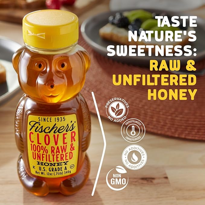 Fischer's Clover Honey, 12 Oz – 100% Pure, Raw & Unfiltered Honey – Squeezable Bear Bottle – Gluten-Free, Non-GMO – All-Natural Sweetener