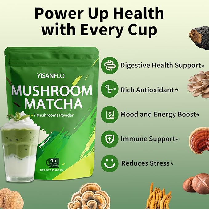 YISANFLO 7-in-1 Mushroom Matcha for Energy, Focus, Digestion, Immunity, Turkey Tail, Shiitake, Lion's Mane, Ceremonial-Grade Matcha 8 Oz(45 Servings)