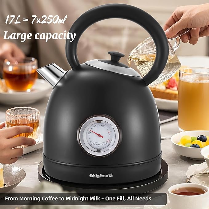 1.7L Electric Kettle, Retro Stainless Steel Water Boiler with Temperature Gauge & Auto Shut-Off, 1200W Fast Boiling Kettle for Home Kitchen Office, Boil-Dry Protection (Matte Black）