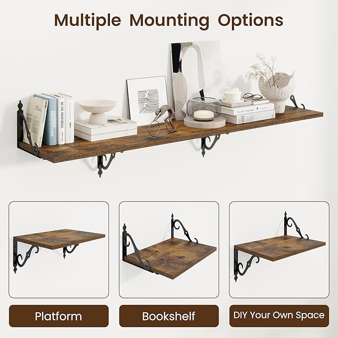 RICHFOCUS 12 Inch Deep Floating Shelves for Wall, 16" W x 12" D Wood Wall Shelves Set of 2, Wide Floating Shelves for Living Room, Bedroom, Kitchen, Bathroom and Decor Storage, Rustic Brown