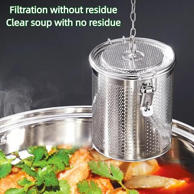 Stainless steel cylindrical seasoning filter, Multi purpose spice filter, Mesh Design Tea Ball Strainer Soup Seasonings Seperation Basket Filter with Chain Hook for Home Restaurant (8 * 9CM/0.452L)