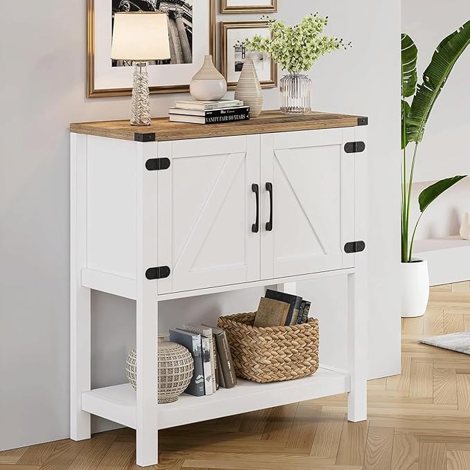 Cheersstar Farmhouse Console Table with 2 Storage Cabinets, Coffee Bar, Entryway Table with with Storage Shelf, Farmhouse Buffet Sideboard for Kitchen, Hallway, Entry Way, Living Room, White