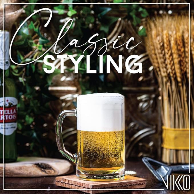 Vikko Beer Mug, Set of 6 Glass Beer Mugs, 17 Ounce, Dishwasher Safe Durable Drinking Glass for Craft Brews, Beer or Water