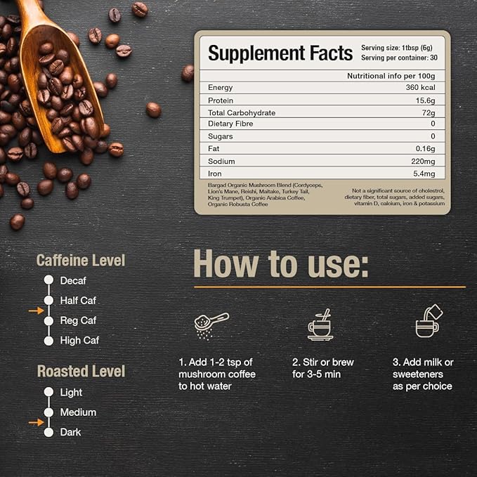 Mushroom Coffee | 6 Adaptogen Mushrooms | Premium Instant Coffee with Benefits of Lion's Mane, Chaga & Turkey Tail for Better Focus, Immune Support, Energy, Digestion & Skin | 30 Servings