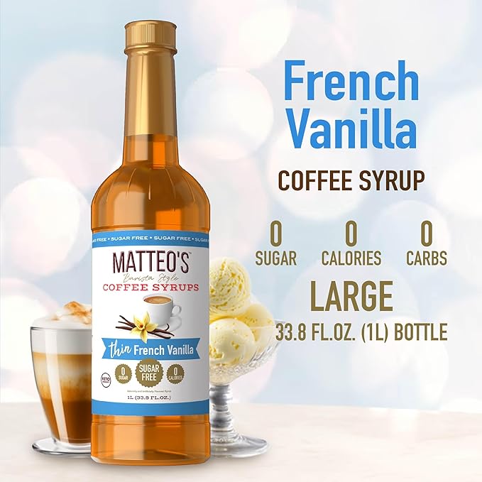 Matteo's French Vanilla Syrup for Coffee, Lattes, Cappuccinos & Desserts – Sugar-Free Sweetener for Beverages, Keto Friendly, Zero Calories, Indulgent Flavor, Non-Alcoholic, 33.8oz (6pk)