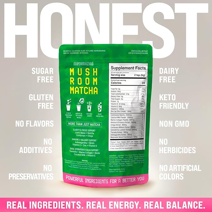 Mushroom Matcha + Lion’s Mane, Ashwagandha, Collagen - Focus, Energy & Immune Support - 30 Servings of Adaptogen Superfood Blend for All Day Coffee Alternative