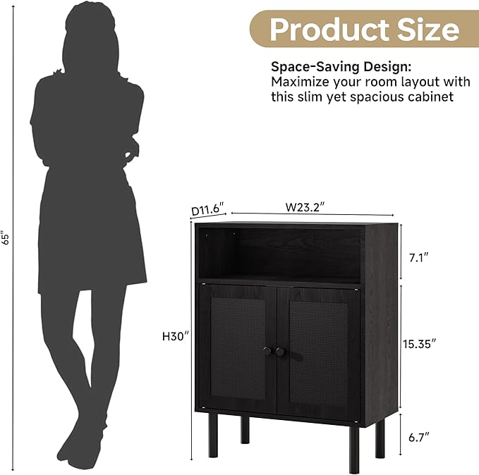 Rattan Storage Cabinet, Boho Accent Cabinet with Double Doors, Small Freestanding Sideboard for Hallway, Laundry Room,Kitchen, Dining Room, Entryway(Black)