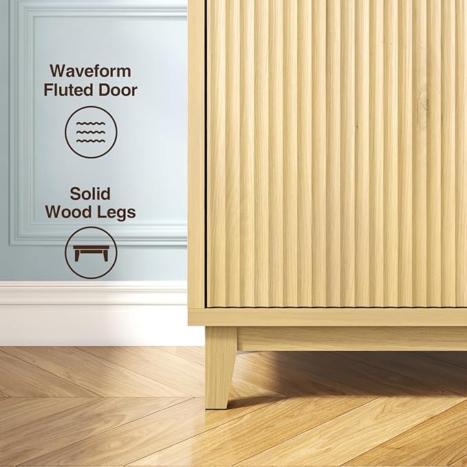 Modern Buffet Cabinet with Fluted Doors, Solid Wood Legs & Thickened Top, 31.5" Multi-Functional Storage Sideboard for Kitchen, Dining Room, Hallway (Natural Wood, 1 PCS)