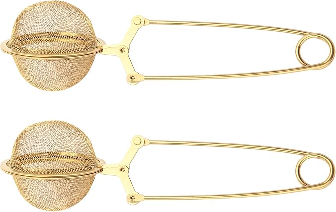 Snap Tea Ball Infuser with Handle; Premium Stainless Steel Fine Mesh Screen Tea Strainer Filters Colander Cullender Sieve Infusion Steeper Maker for Loose Leaf Tea Herbs, 2 Pieces, Golden