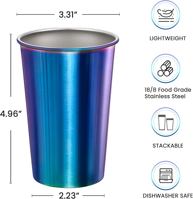 MEWAY 12 Pack 16oz Stainless Steel Pint Cup,Healthy Unbreakable and Stackable,Metal Drinking Glasses，Beer Glasses（Rainbow）