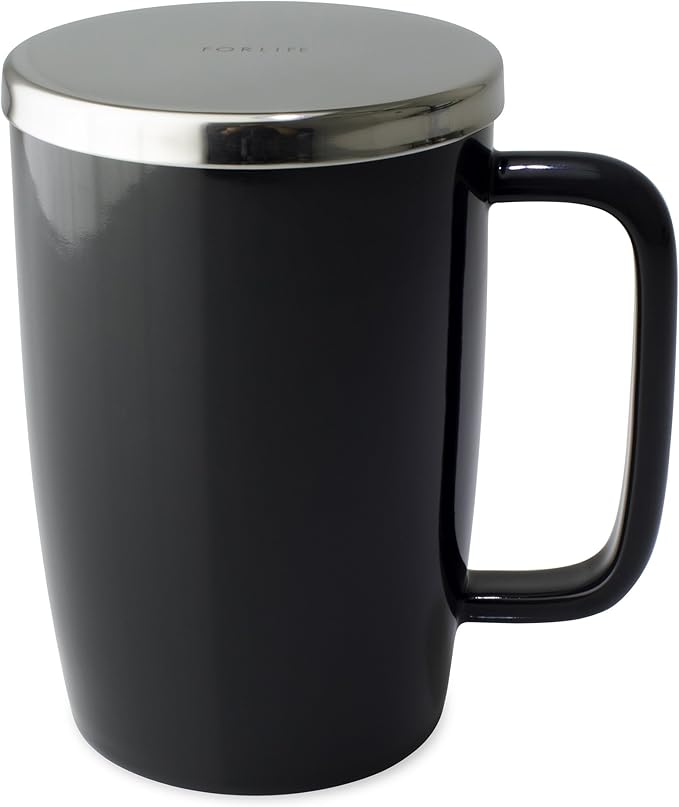 FORLIFE Dew Glossy Finish Brew-In-Mug with Basket Infuser & "Mirror" Stainless Lid 18 oz., Black Graphite