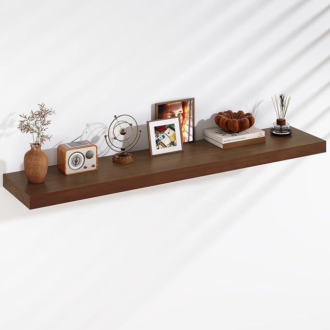 Fun Memories Floating Shelves, 9.3 Inch Deep Solid Pine Wood Wall Shelves for Storage, Rustic Wall Mounted Display Shelf with Invisible Heavy-Duty Metal Bracket, 55 Inch Width, Walnut