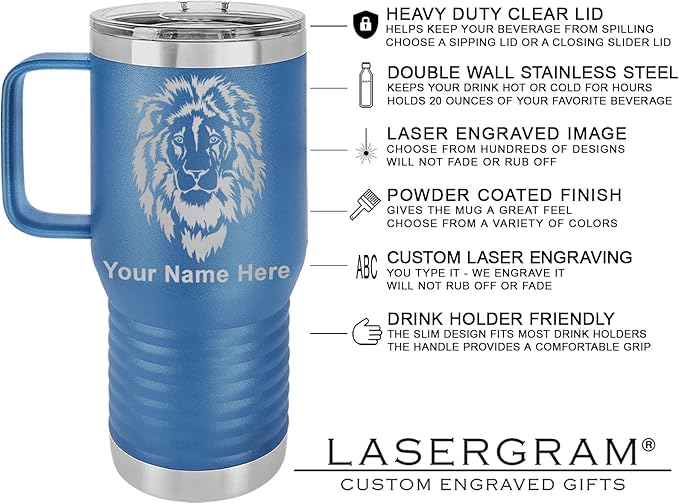 LaserGram 20oz Vacuum Insulated Travel Mug with Handle, Tiki Statue, Personalized Engraving Included (Dark Blue)