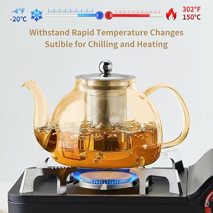 40OZ (1200ML) Glass Teapot with Infuser Stovetop Safe, Clear Glass Tea Pot Kettle, Borosilicate Tea Pot with Infusers Filter for Loose Tea, Tea Kettle Dishwasher Safe (Champagne)