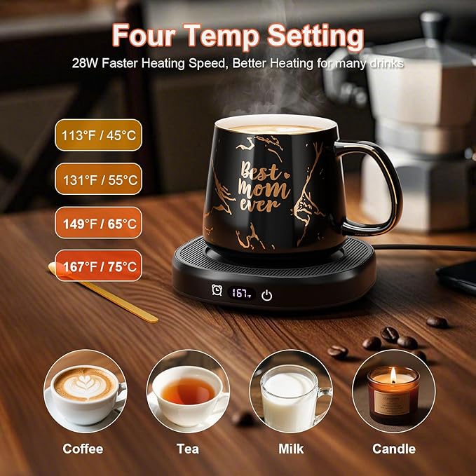 Coffee Mug Warmer & Best MOM Ever Mug Set, Electric Coffee Cup Warmer for Desk 8H Auto Shut Off, Tea Beverage Coffee Warmer with 4 Temperature Setting, Women Mother Birthday Mom Gift from Daughter Son
