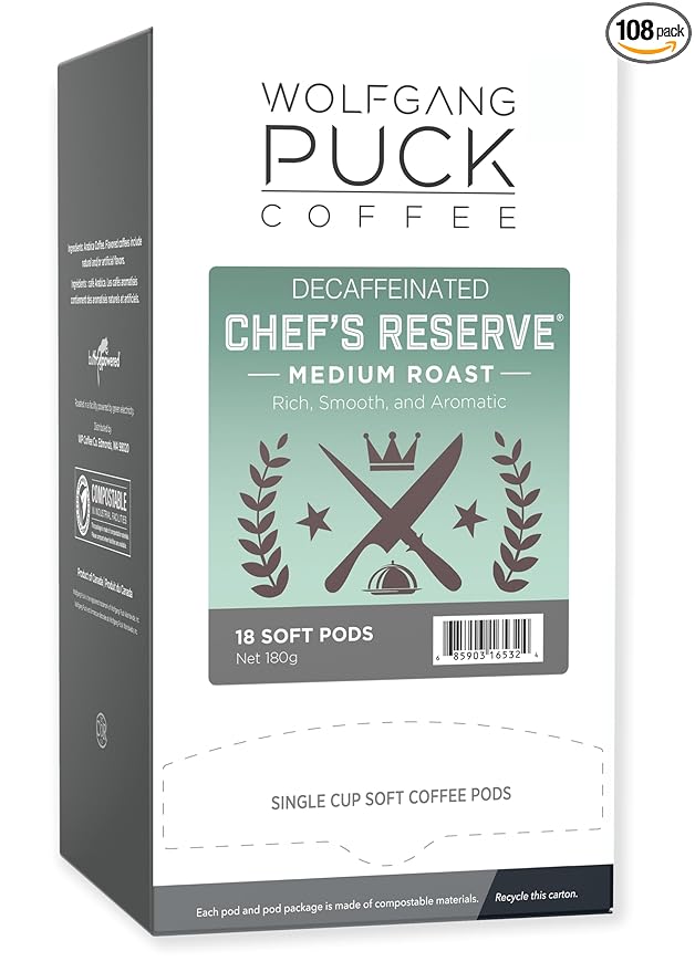 Wolfgang Puck Coffee, Decaf Chefs Reserve, 9.5 Gram Soft Pods, 18 Count (Pack of 6)
