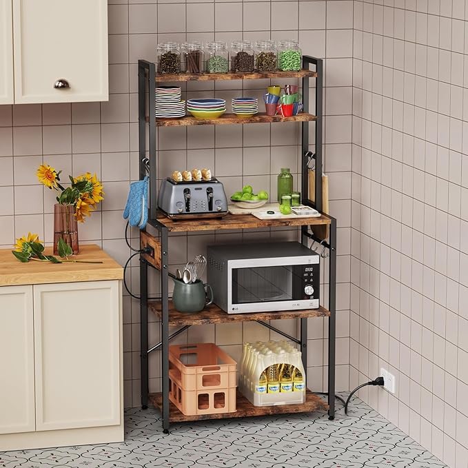 Luckyeestar Kitchen Baker’sRack Coffee Bar - Metal Storage Shelf for Microwave, Spice Organizer, Freestanding Kitchen Cart with Hooks,25 inch with Power Outlet