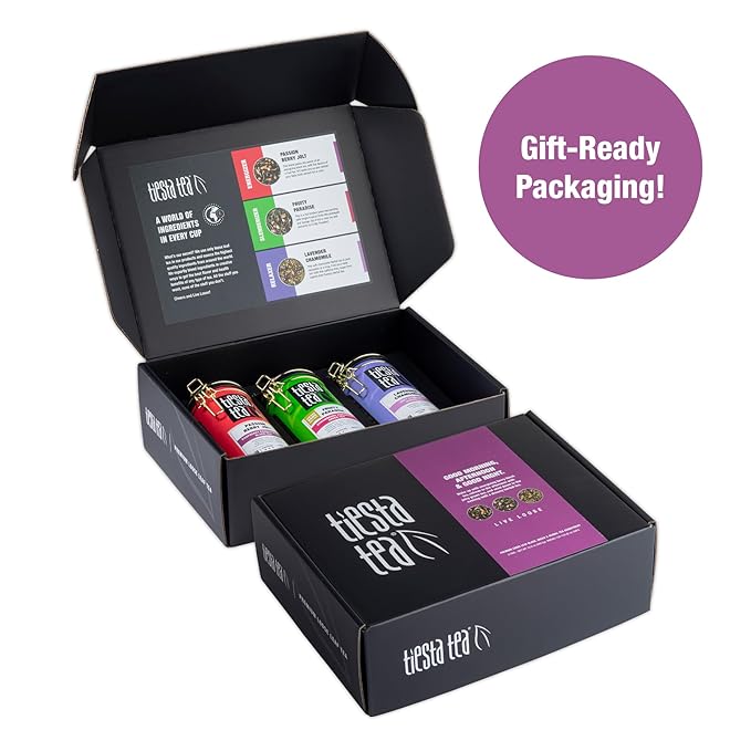 Tiesta Tea - Loose Leaf Tea Tin Gift Box, High to Non-Caffeinated Assorted Blends, 3 Tins for Hot & Iced Brews Variety Pack, Passion Berry Jolt, Fruity Paradise, & Lavender Chamomile