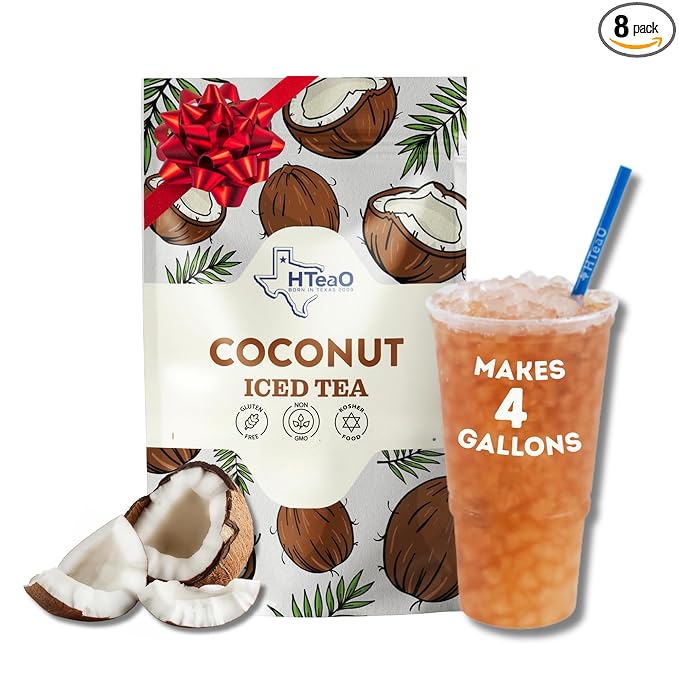HTeaO Coconut Black Iced Tea Bags – Makes 4 Gallons in 5 Minutes – Large Loaded Tea Sachets for Parties, Family Gatherings, & Groups – Texas-Style Ice Tea Packets for Quick Brew (8-Count)