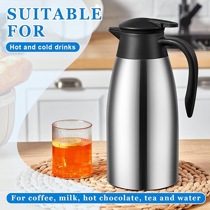 Uiifan 2 Pcs 68oz Thermal Coffee Carafe Insulated Stainless Steel Thermal Coffee Carafe Double Walled Vacuum Flask Carafes with Brushes for Keeping Tea for 12 Hours(Black, Silver)